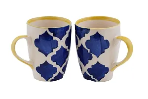 Freakway Hand-Painted Ceramic Handcrafted Umrao /Moroccan Handpainted Ceramic Coffee Mug /Microwave Safe, Dishwasher Safe (300 ml, Pack of 2)_White  Blue-thumb1