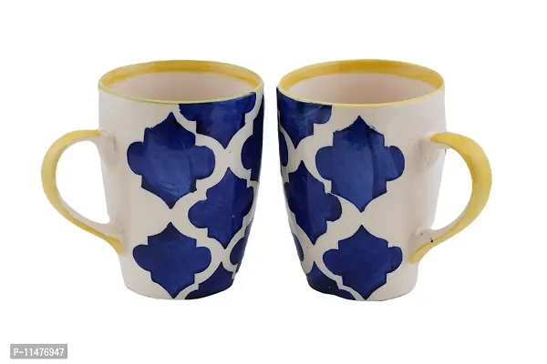Freakway Hand-Painted Ceramic Handcrafted Umrao /Moroccan Handpainted Ceramic Coffee Mug /Microwave Safe, Dishwasher Safe (300 ml, Pack of 2)_White  Blue-thumb2