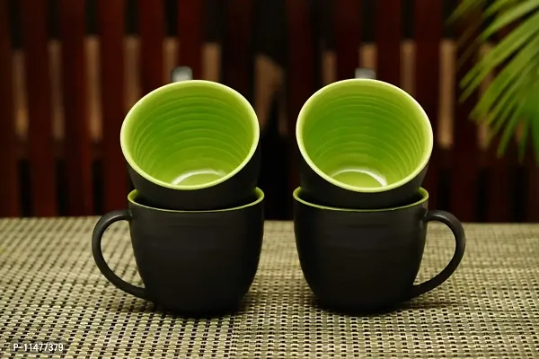 Freakway Kitchen Handmade Ceramic Soup Bowls with Spoons (Set of 2, 380 ML, Dishwasher & Microwave Safe) Black & Green-Luxuay Look