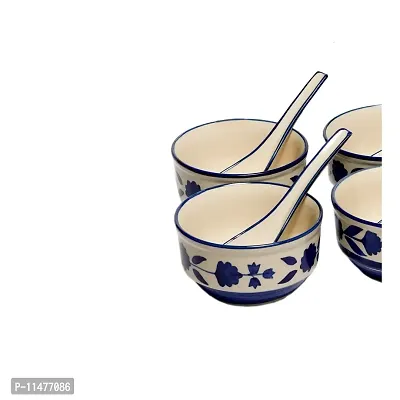 Freakway Handpainted Royal Blue Floral and Leaf-Stripe Pattern Ceramic Soup Bowls with Matching Spoons - (Set of 2, 350 ML, Dishwasher & Microwave Safe)-thumb4