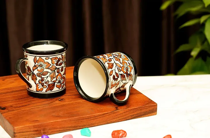 Freakway Floral Handcarfted Ceramic Tea Cups and Ceramic Coffee Mugs Set of 2 (250 ML, Microwave & Dishwasher Safe) - Tea Mugs Ceramic Mugs Milk Mug Coffee Cup Drinkware-Color-Brown