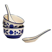 Freakway Handpainted Royal Blue Floral and Leaf-Stripe Pattern Ceramic Soup Bowls with Matching Spoons - (Set of 2, 350 ML, Dishwasher & Microwave Safe)-thumb1