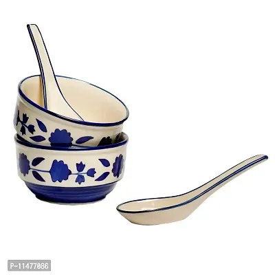 Freakway Handpainted Royal Blue Floral and Leaf-Stripe Pattern Ceramic Soup Bowls with Matching Spoons - (Set of 2, 350 ML, Dishwasher & Microwave Safe)-thumb2