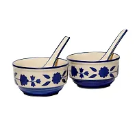 Freakway Handpainted Royal Blue Floral and Leaf-Stripe Pattern Ceramic Soup Bowls with Matching Spoons - (Set of 2, 350 ML, Dishwasher & Microwave Safe)-thumb2