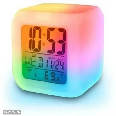 Color Changing Digital LED Alarm Clock for Table Home Decor Desk Night Table Watch Temperature/Day/Month/Date/Time/Alarm(Plastic, Multicolour)-thumb0