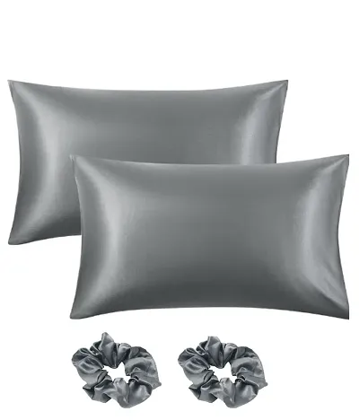 Satin Silk Pillow Covers for Hair and Skin 2-Pack with Bonus 3-Pack Silk Scrunchies in Elegant Silver Grey (Standard Size 20x30 Inches)