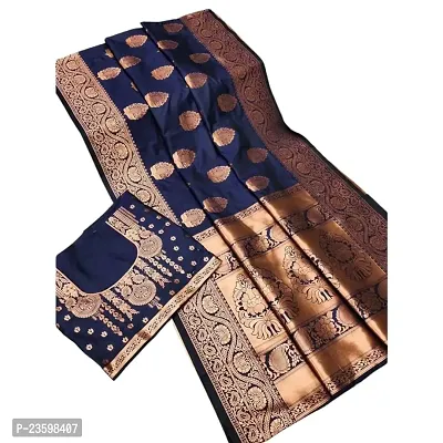 Villagius Womens Jacquard Woven Design Banarasi Style Regular Saree With Unstiched Blouse (Dark Blue)-thumb0