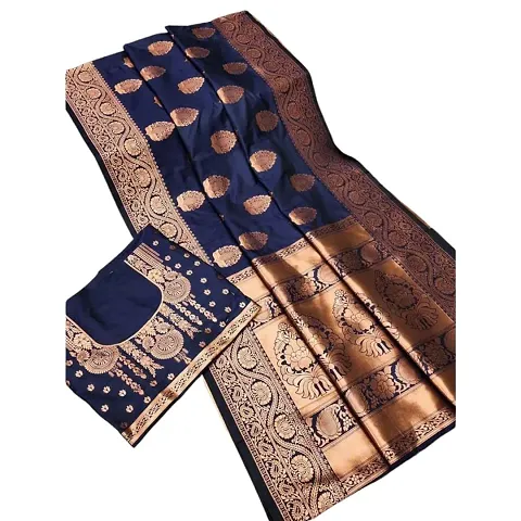 Villagius Womens Jacquard Woven Design Banarasi Style Regular Saree With Unstiched Blouse (Dark Blue)