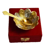 HHI Silver Gold Plated Floral Shape Decorative Spoon and Bowl Set for Diwali Gift Set | Set of 2 Items-Bowl and Spoon-thumb1