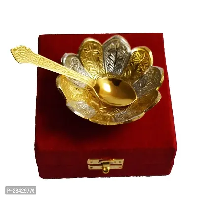 HHI Silver Gold Plated Floral Shape Decorative Spoon and Bowl Set for Diwali Gift Set | Set of 2 Items-Bowl and Spoon-thumb2