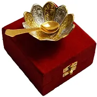 HHI Silver Gold Plated Floral Shape Decorative Spoon and Bowl Set for Diwali Gift Set | Set of 2 Items-Bowl and Spoon-thumb2