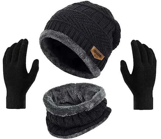 DESI CREED Winter Knit Beanie Cap Hat Neck Warmer Scarf and Woolen Gloves Set for Men & Women (3 Piece)