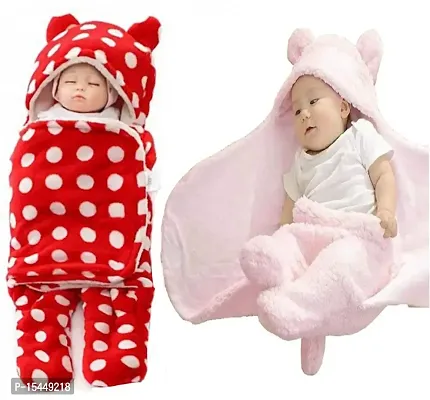 BRANDONN Flannel New Born Hooded Wearable Baby Blanket Cum Baby Wrapper for Babies - Combo of 2 (Multicolor, 76 X 68 cm)