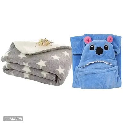 BRANDONN All Season Supersoft Hooded and Printed Baby Blanket and Baby Bath Towel Pack of 2