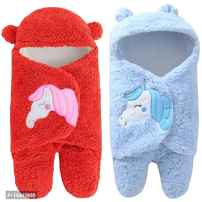 First Kick Baby Blankets New Born Combo Gift Pack of Wearable Flannel 0-6 Months Hooded Swaddle Wrapper Blanket, Red  SkyBlue