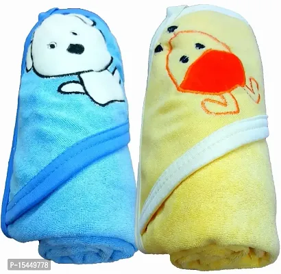 BRANDONN Baby Boy's And Girl's Terry Cotton Bath Towel (Blue And Mango, 0-2 Years) - Pack of 2