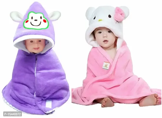 BRANDONN Newborn Combo of Furry Glacier Hooded Smily Baby Blanket and Premium Glacier Hooded Baby Wrapper(Pack of 2, Pink n White-Purple)