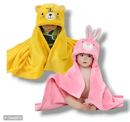 BRANDONN Baby's Tiger and Rabbit Design Hooded All Season Wrapper Cum Baby Bath Towel ( Yellow , Pink ) - Pack of 2