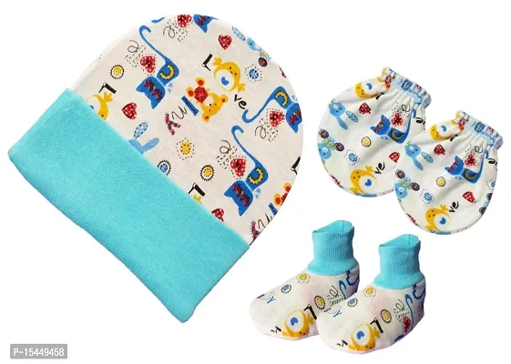 BRANDONN Baby Boy's and Baby Girl's Cotton Cap, Gloves and Socks Mitten Set (Assorted Colour) - Pack of 3-thumb2