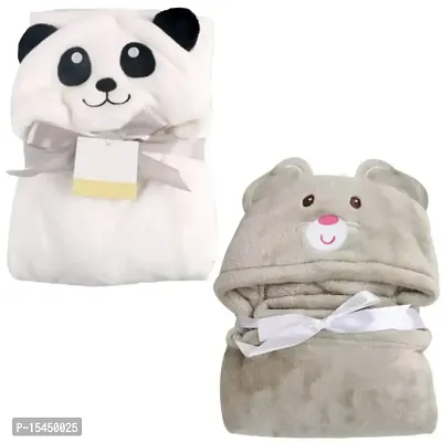 BRANDONN New Born Premium Hooded All Season Wrapper Cum Baby Bath Towel Cum Baby Blanket for Babies Pack of 2 (White Panda, Grey Mouse)