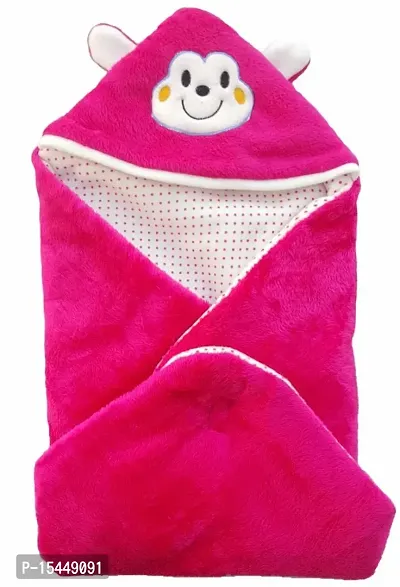 BRANDONN Newborn Combo of Furry Glacier Hooded Smily Baby Blanket and Premium Glacier Hooded Baby Wrapper(Pack of 2,HOTPINK)-thumb3