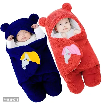 First Kick Baby Blankets New Born Combo Pack of Wearable Hooded Swaddle Wrapper Sleeping Bag for Baby Boys and Baby Girls Pack of 2 (0-6 Months, Navy Blue  Red)
