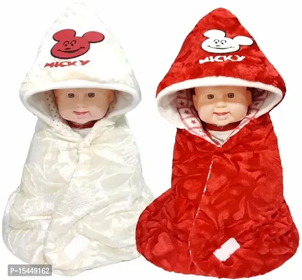 BRANDONN Newborn Combo of Ultra Soft Hooded Sleeping Bag Cum Safety Bag Cum Baby Bedding Cum Baby Blanket for Babies(Pack of 2 ;Red  Cream)