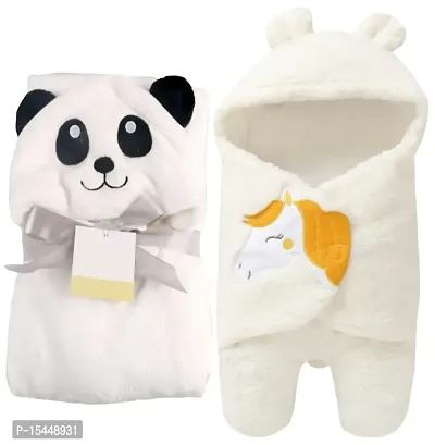 First Kick Baby Blankets New Born Combo Pack of Hooded Wrapper Sleeping Bag and Baby Bath Towel for 0-6 Months Baby Boys and Baby Girls Pack of 2, Flannel, white Panda, Unicorn white, lightweight