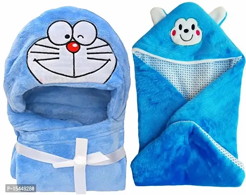 BRANDONN Newborn Combo of Furry Glacier Hooded Smily Baby Blanket and Premium Glacier Hooded Baby Wrapper(Pack of 2, Blue)-thumb0