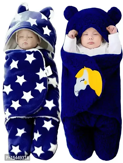 BRANDONN Baby Blankets New Born Combo Pack of Wearable Super Soft Baby Wrapper Baby Sleeping Bag for Baby Boys/Girls (76cm x 70cm, 1-6 Months, Pack of 2 Pcs, Fur, navy blue, lightweight