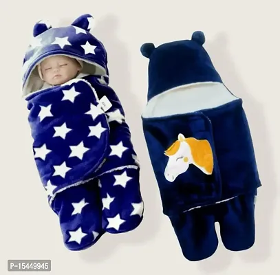 First Kick Baby Blankets New Born Combo Gift Pack of Wearable Flannel 0-6 Months Hooded Swaddle Wrapper Blanket, Navy Blue, Skin Friendly-thumb0