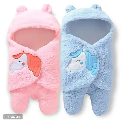 BRANDONN Baby Blankets New Born Combo of Hooded Wrapper Cum Baby Sleeping Bag,(3-6 Months) Pink, Sky Blue, Pack of 2, Polyester, skin friendly-thumb0