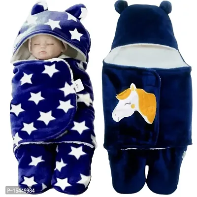 BRANDONN Baby Blankets New Born Combo Gift Pack of Wearable Flannel 0-6 Months Hooded Swaddle Wrapper Blanket, Navy Blue-thumb0