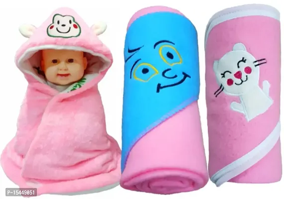 BRANDONN Newborn Hooded Supersoft Wrapper Cum Towel Cum Baby Blanket for Babies Pack of 3-thumb0