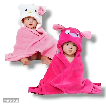BRANDONN Fleece New Born Premium Hooded All Season Wrapper Cum Baby Bath Towel Pack of 2 Multi