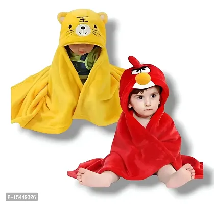 BRANDONN Baby's Tiger and Angry Bird Design Hooded Wrapper Cum Towel ( Yellow and Red ) - Pack of 2