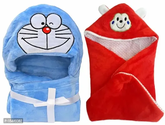 BRANDONN Newborn Combo of Furry Glacier Hooded Smily Baby Blanket and Premium Glacier Hooded Baby Wrapper(Pack of 2, Blue Smiley  Red)