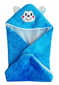 BRANDONN Newborn Combo of Furry Glacier Hooded Smily Baby Blanket and Premium Glacier Hooded Baby Wrapper(Pack of 2, Blue)-thumb2