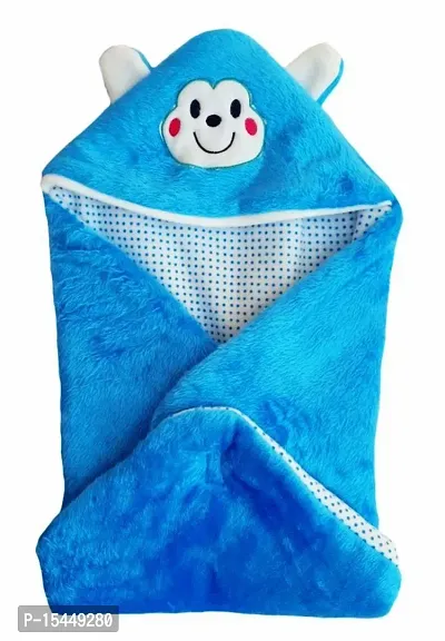 BRANDONN Newborn Combo of Furry Glacier Hooded Smily Baby Blanket and Premium Glacier Hooded Baby Wrapper(Pack of 2, Blue)-thumb3