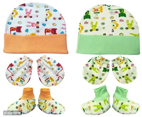 First Kick Newborn Baby's Cotton Mitten Set, Cap and Gloves Set Set 0-6 Months Baby Boy and Baby Girl, Pack of 2