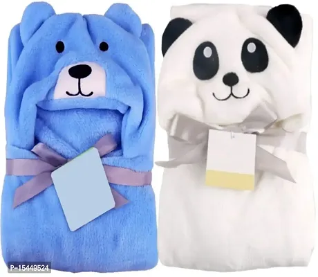 BRANDONN New Born Baby Blanket Combo Pack of Hooded Funny Cap Baby Wrapper Cum Baby Bath Towel Cum Baby Blankets (Blue Dog, White Panda) Pack of 2