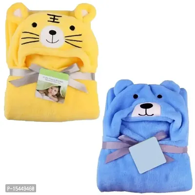 BRANDONN New Born Baby Blanket Combo Pack of Hooded Funny Cap Baby Wrapper Cum Baby Bath Towel Cum Baby Blankets (Blue Dog, Yellow Sweet Tiger) Pack of 2