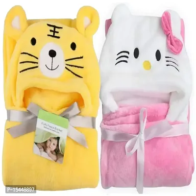 BRANDONN New Born Baby Blanket Combo Pack of Hooded Funny Cap Baby Wrapper Cum Baby Bath Towel Cum Baby Blankets (Pink Kitty, Yellow Sweet Tiger) Pack of 2