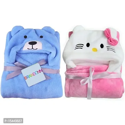 BRANDONN Combo of Fleece Pink Kitty, Blue Dog New Born Baby Hooded Funny Cap Blanket - Pack of 2 (lightweight)-thumb0