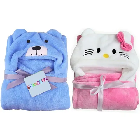 BRANDONN New Born Baby Blanket Combo Pack of Hooded Funny Cap Baby Wrapper Cum Baby Bath Towel Cum Baby Blankets Pack of 2