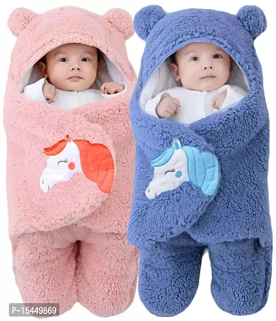 BRANDONN Baby Blankets New Born Combo Pack of Wearable Hooded Swaddle Wrapper Sleeping Bag for Baby Boys and Baby Girls Pack of 2 (0-6 Months, Pink, Turquish Blue)-thumb0