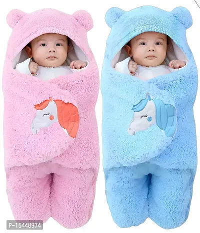 BRANDONN Baby Blankets New Born Combo Pack of Super Soft Baby Wrapper Baby Sleeping Bag for Baby Boys/Girls (76cm x 42cm, 1-6 Months, Sherpa Microfiber, lightweight, Unicorn pink  Blue )-thumb0