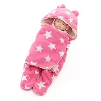 BRANDONN Newborn Baby Flannel Hooded Wearable Blanket Cum Baby Wrapper Combo of 2 (Pink Star)-thumb1