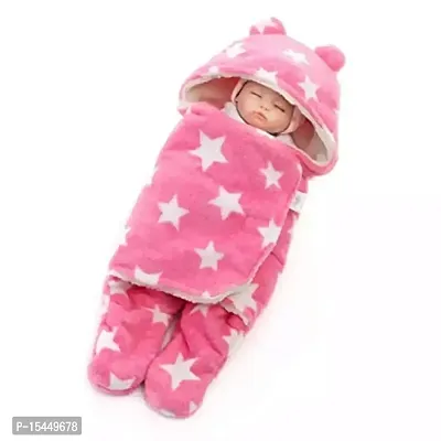 BRANDONN Newborn Baby Flannel Hooded Wearable Blanket Cum Baby Wrapper Combo of 2 (Pink Star)-thumb2