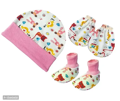 BRANDONN Baby Boy's and Baby Girl's Cotton Cap, Gloves and Socks Mitten Set (Assorted Colour) - Pack of 3-thumb3